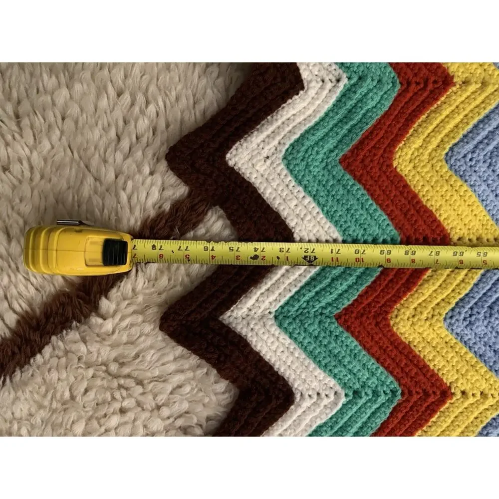VTG Crochet Afghan Blanket Zig Zag green Brown Chevron Colors Grandma 48 X 78
